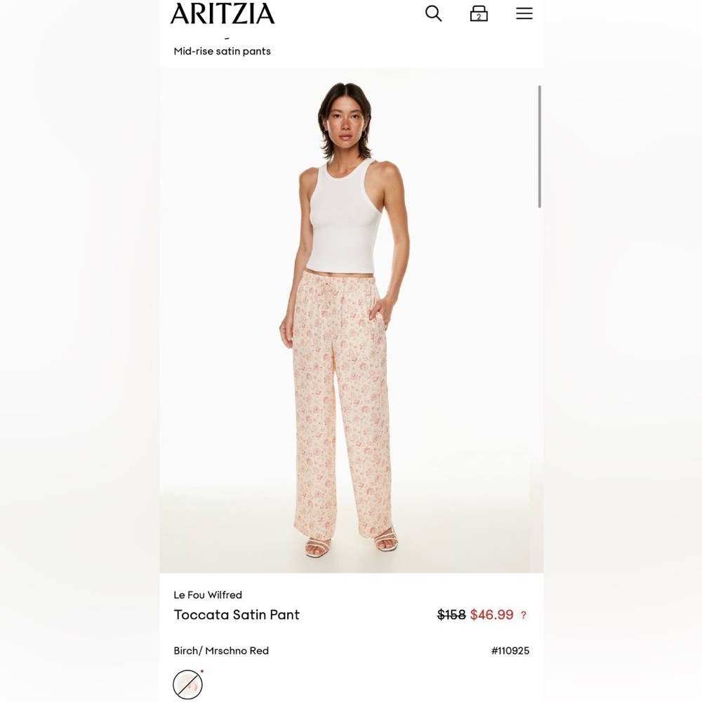 Aritzia Le Fou Wilfred Tocotca Satin Pant - Blush Red 2XS